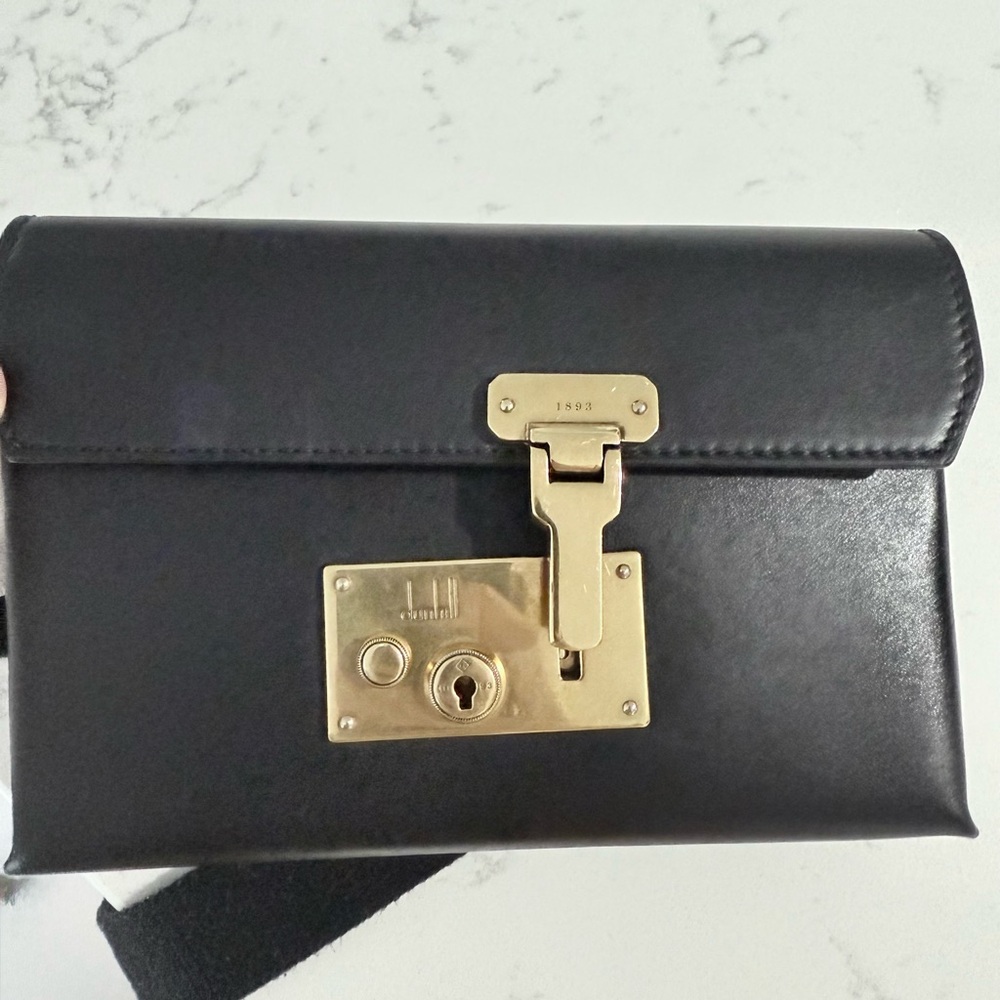 Authentic Dunhill Lock Travel Crossover Bag Black Leather